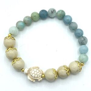 Crystal beaded stretch bracelet ONE NEW white jade turtle Amazonite meditation y